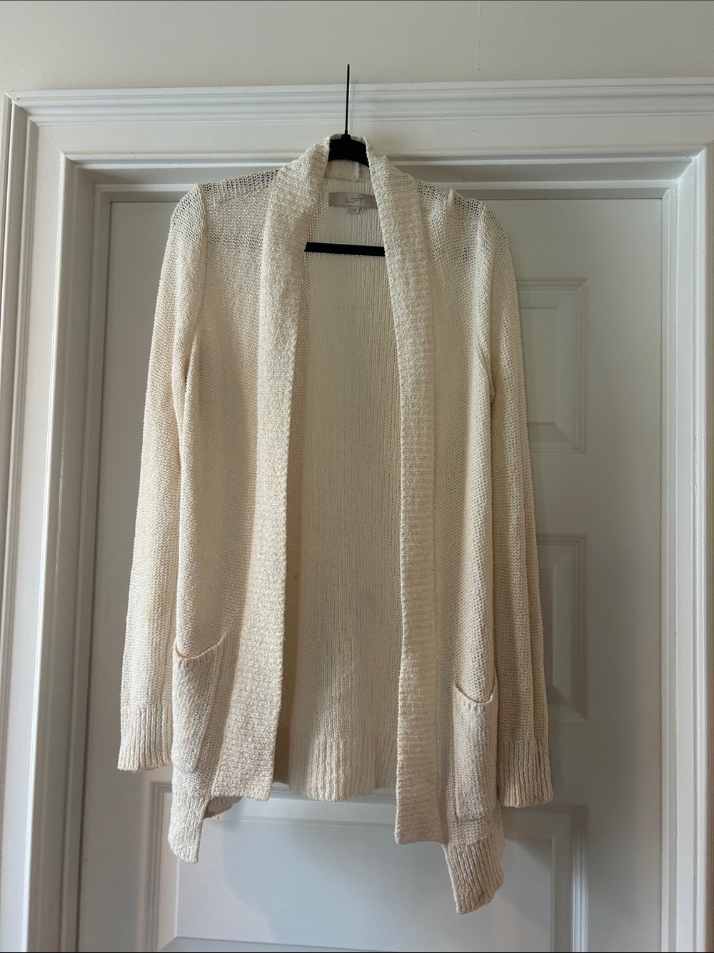 LOFT Ivory Open-Front Knit Cardigan with Pockets